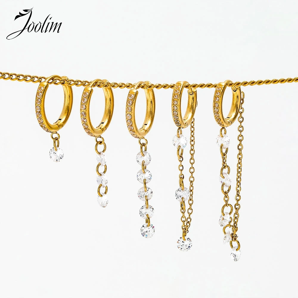 

Joolim Jewelry High Quality PVD Wholesale Waterproof Fashion Zirconia Chain Dangle Huggie Stainless Steel Earring for Women