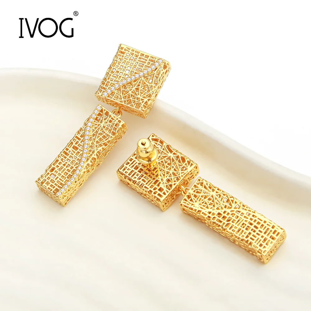 IVOG Square Bar Drop Earrings Double Layer CZ Hollow Brass Women Party Pendiente Shiny Polished Unique Fashion Jewelry