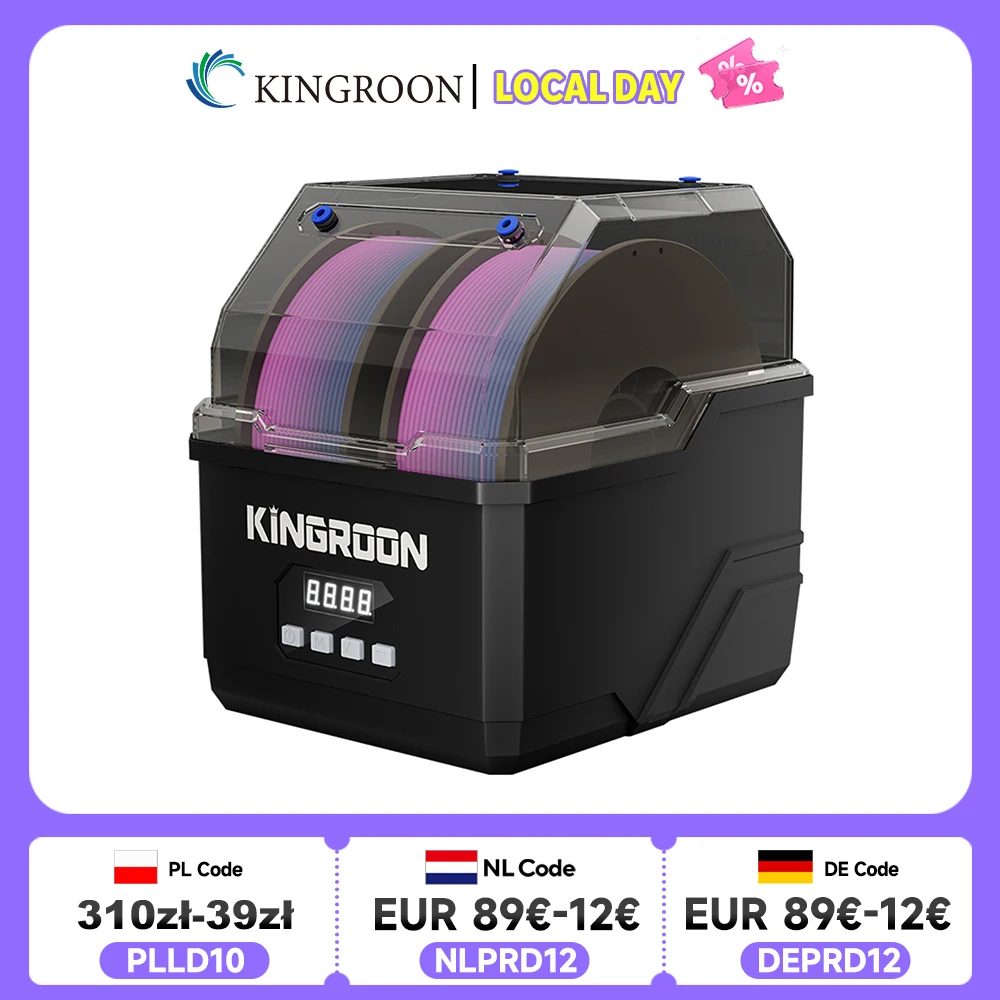 Essiccatore per Filamenti KINGROON KR02 Dry Box 2KG per PLA PETG ABS TPU, Asciugatura in 24 Ore, Riscaldamento ad Aria Calda a 360°, Doppia Bobina, Nuovo Nero