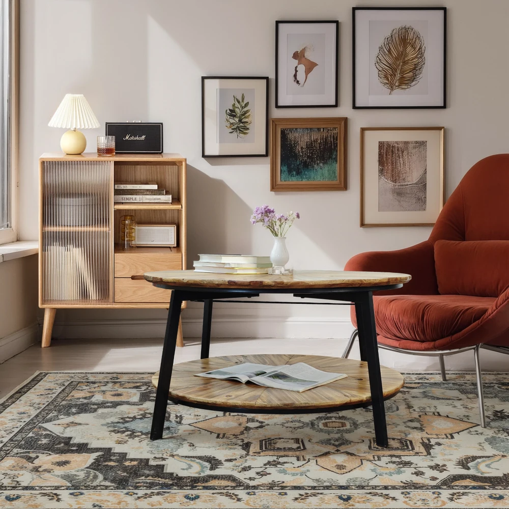 Table basse ronde de 31.5 pouces, brise-café sur pied en bois à double couche avec espace de rangement ouvert pour le salon et la chambre à coucher