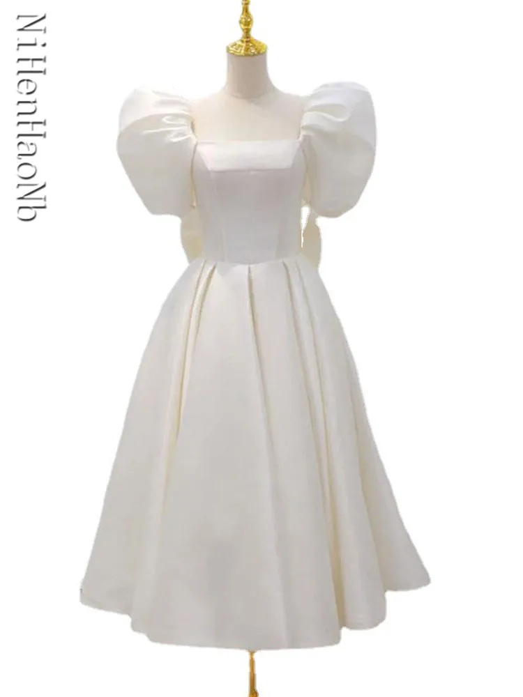 

Elegant Prom Evening Guest White Midi Dresses Quinceanera Dresses for Women 2023 Summer Sexy Puff Sleeve Party Vestido