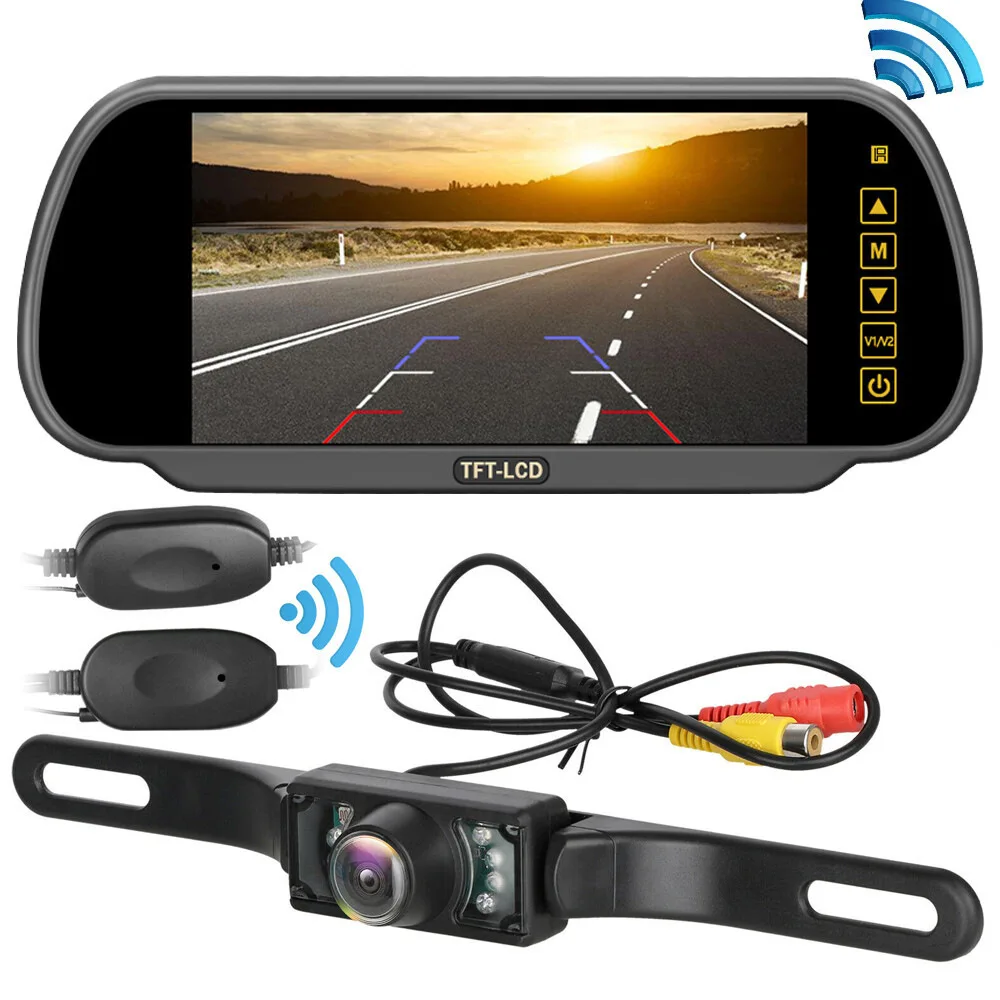 7 Inch HD Rearview Mirror Monitor Auto Reverse Priority Wireless Transmitter Receiver Short License Plate Backup Camera Auto