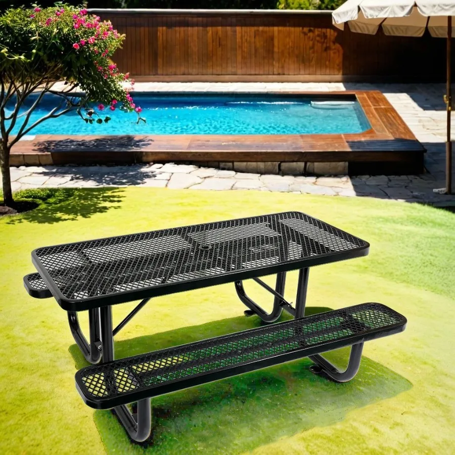 

6 ft. Rectangular Outdoor Steel Picnic Table with umbrella pole in Black