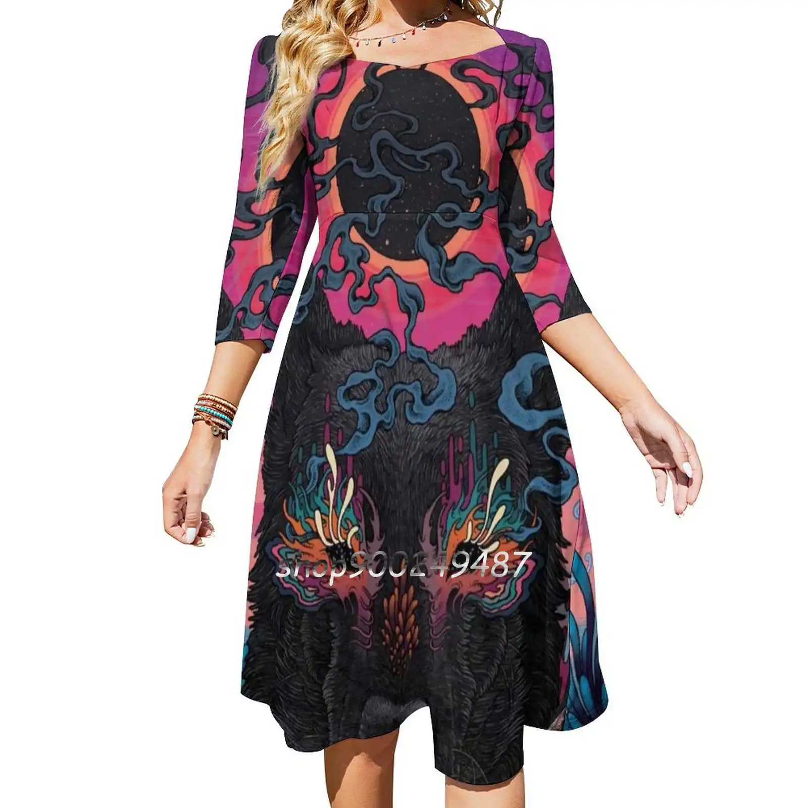 Black Eyed Dog Sweetheart Knot Flared Dress Fashion Design Large Size Loose Dress Dog Psychedelic Neon Surreal Floral Sunset