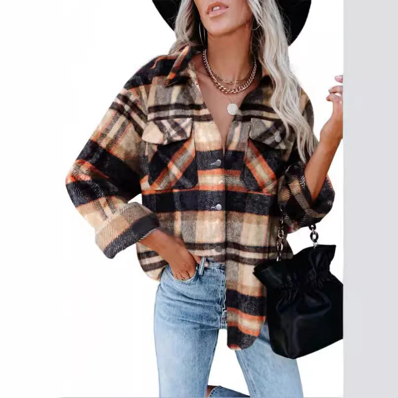 Women's Fashion Top Casual Autumn Winter New Style Plaid Shirt Woolen Flannel Breasted Jacket Camisa Manga Larga Mujerchemise