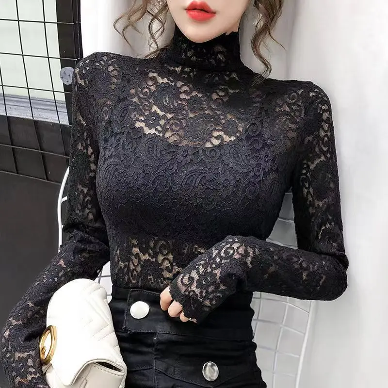 Autumn High Neck Lace Long Sleeve Thick & Thin Fleece Women Basic T-Shirt All-Match Elegant Trend Top Slim Sexy Sweet Underwear