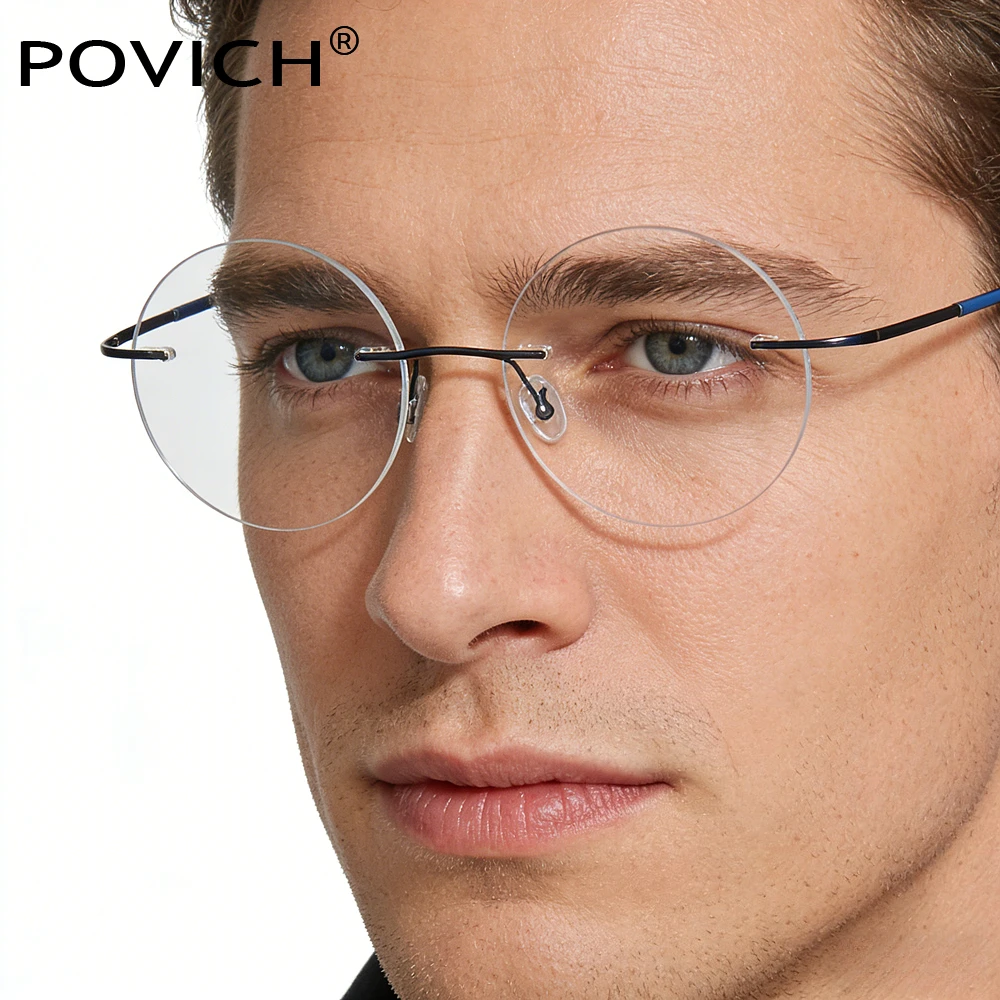 

POVICH β-Titanium Transition Aviation Sunglasses Men Photochromic Reading Glasses Rimless Myopia Eyeglasses with Diopters