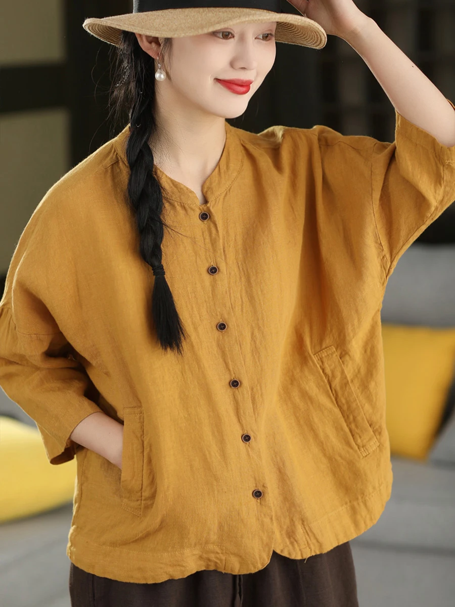 

Retro Washed 100% Linen Shirt Jacket Women Summer Stand Collar mid Sleeve Single Button Shirt Top Breathable Loose Fit Ladies
