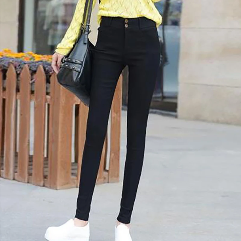 Black Solid Color Pencil Pants Small Black Pants Fashion Three-Button Tights