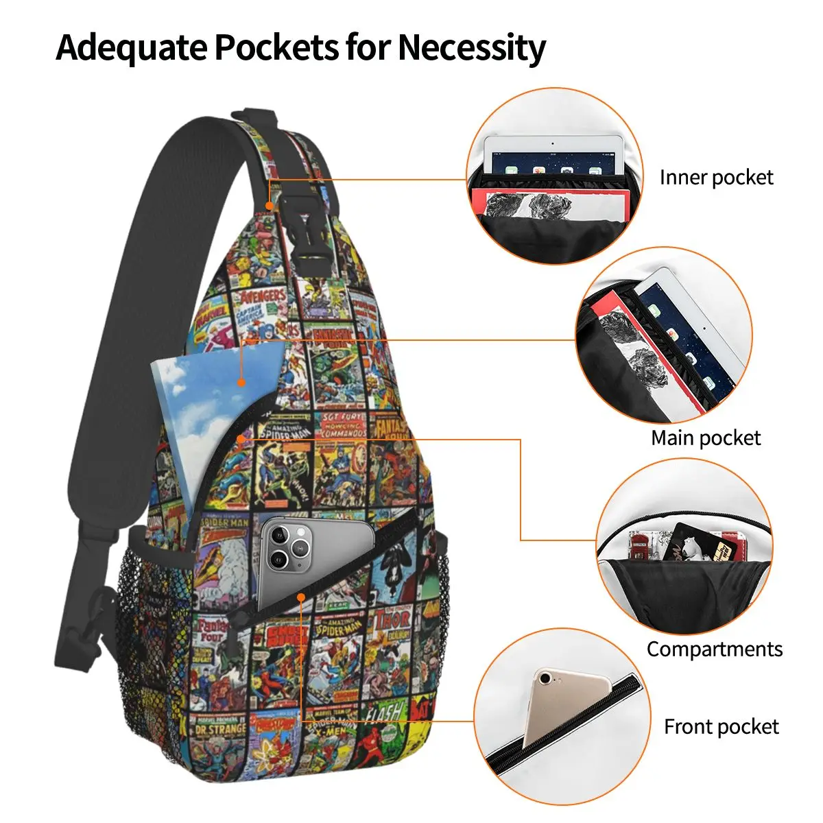 Vintage Superhero Comic Book Collection Pattern Chest Bag Men Sling Crossbody Backpack Chest Bag Hiking Daypack Shoulder Bag