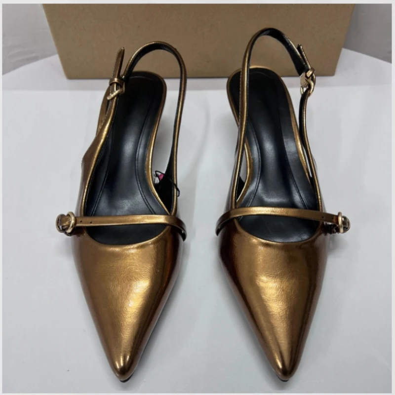 2025 Summer Low Heels Women Modern Sandals Shiny Golden PU Leather Lightweight Retro Buckle Strap Plus Size Office Lady Shoes