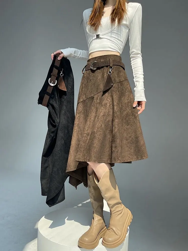 American Retro Women Faux Suede Midi Skirt Elastic Waist Autumn Winter Casual Y2K Vintage A-Line Skirts With Belt