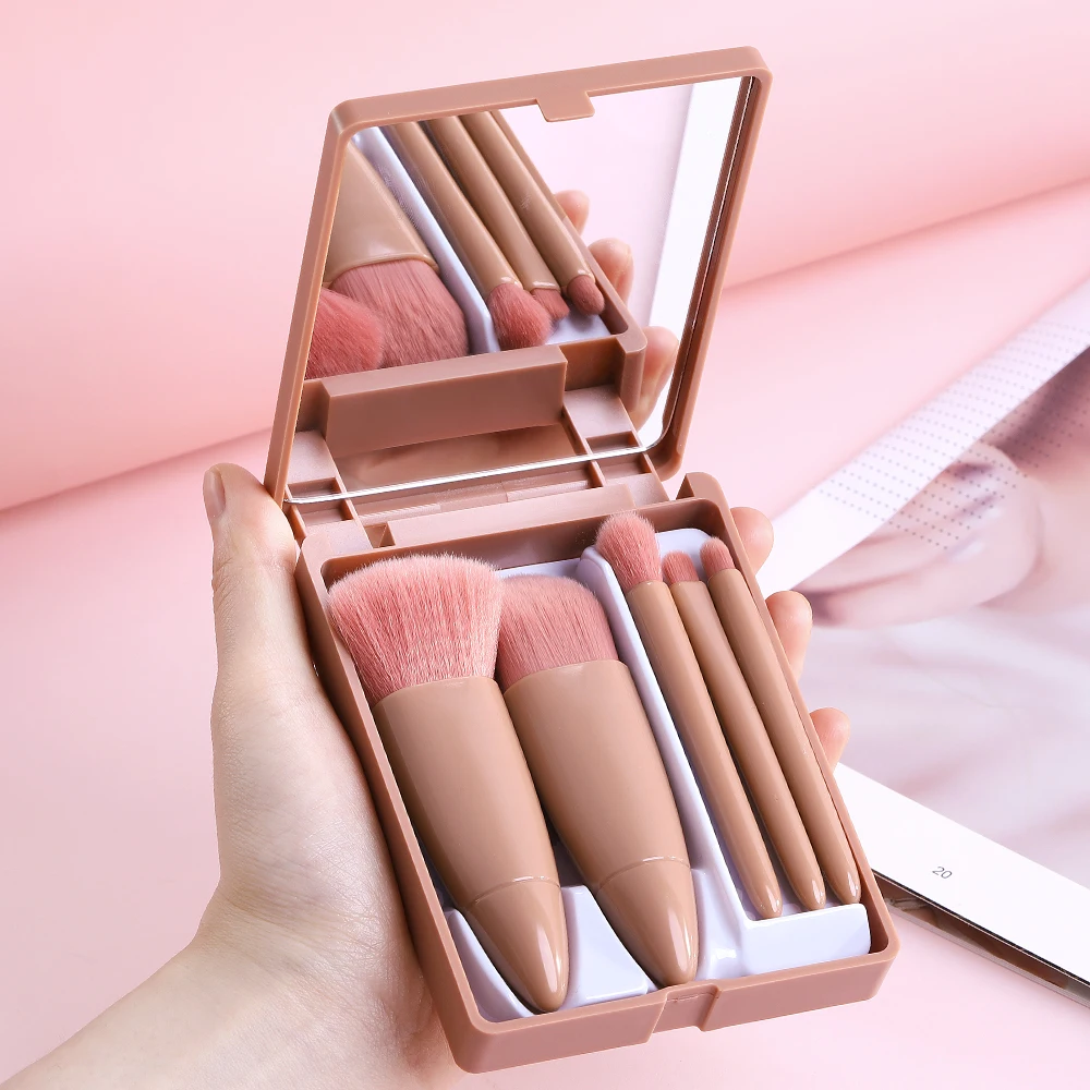 

5Pcs Soft Fluffy Mini Portable Makeup Brushes with Mirror Set for Travel Cosmetics Blush Powder Eyeshadow Makeup Beginner tool