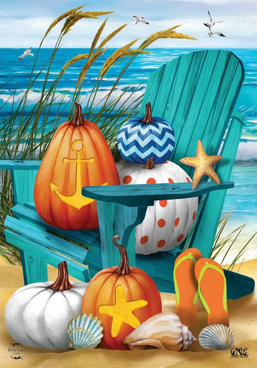 Fall At The Beach Garden Flag Autumn Nautical Pumpkins 12.5