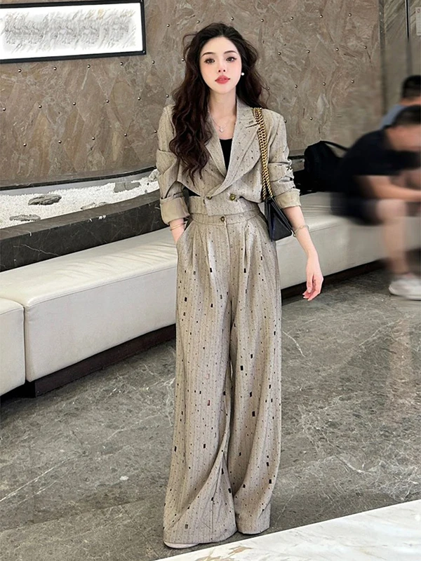 Fashionable Spring Autumn Winter 2026 Ladies Suit High Waist Wide Leg Pants Two Piece Set Elegant Short Coat Commute Style Ca...