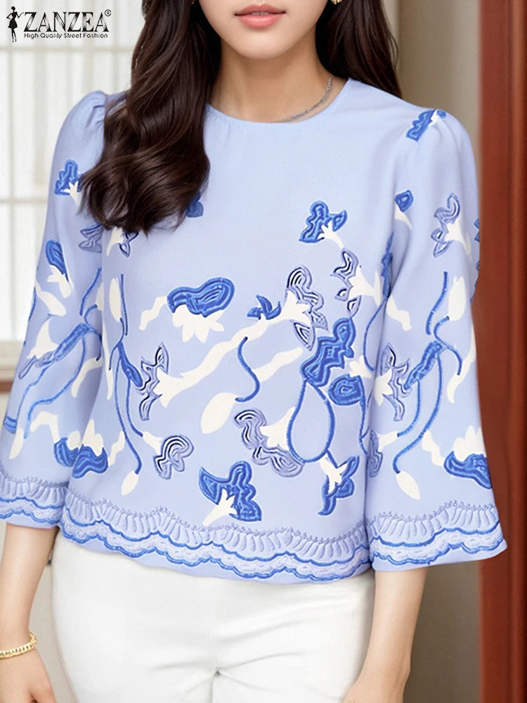 Zanzea 2025 verão blusa feminina manga bufante túnica topos moda o pescoço estampa floral casual solto blusas boêmias camisas de férias