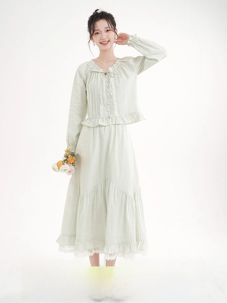 

Muyi Easy Spring Green Striped Shirt Skirt Set Women's Fashion Spring 2025 New Style Button round Neck Long Sleeve Cotton Dress
