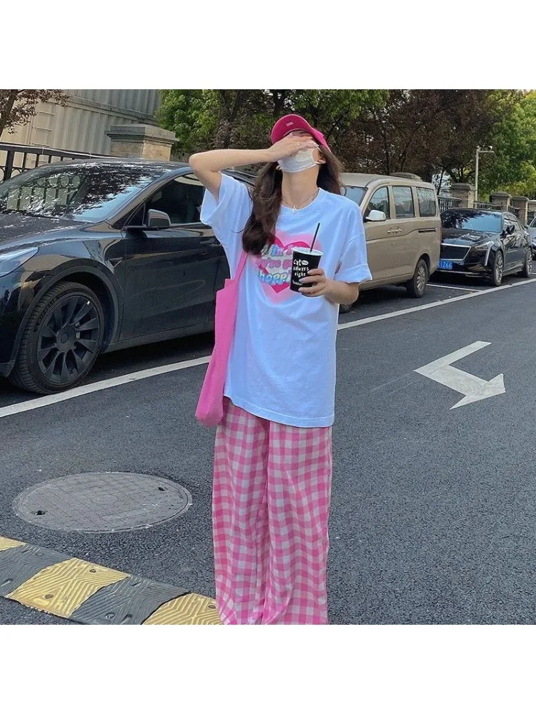 

Pink Checkered Pants Female Summer New Korea Cotton and Linen Loose Fitting Elastic Waist Wide Leg Pants Leisure Trousers