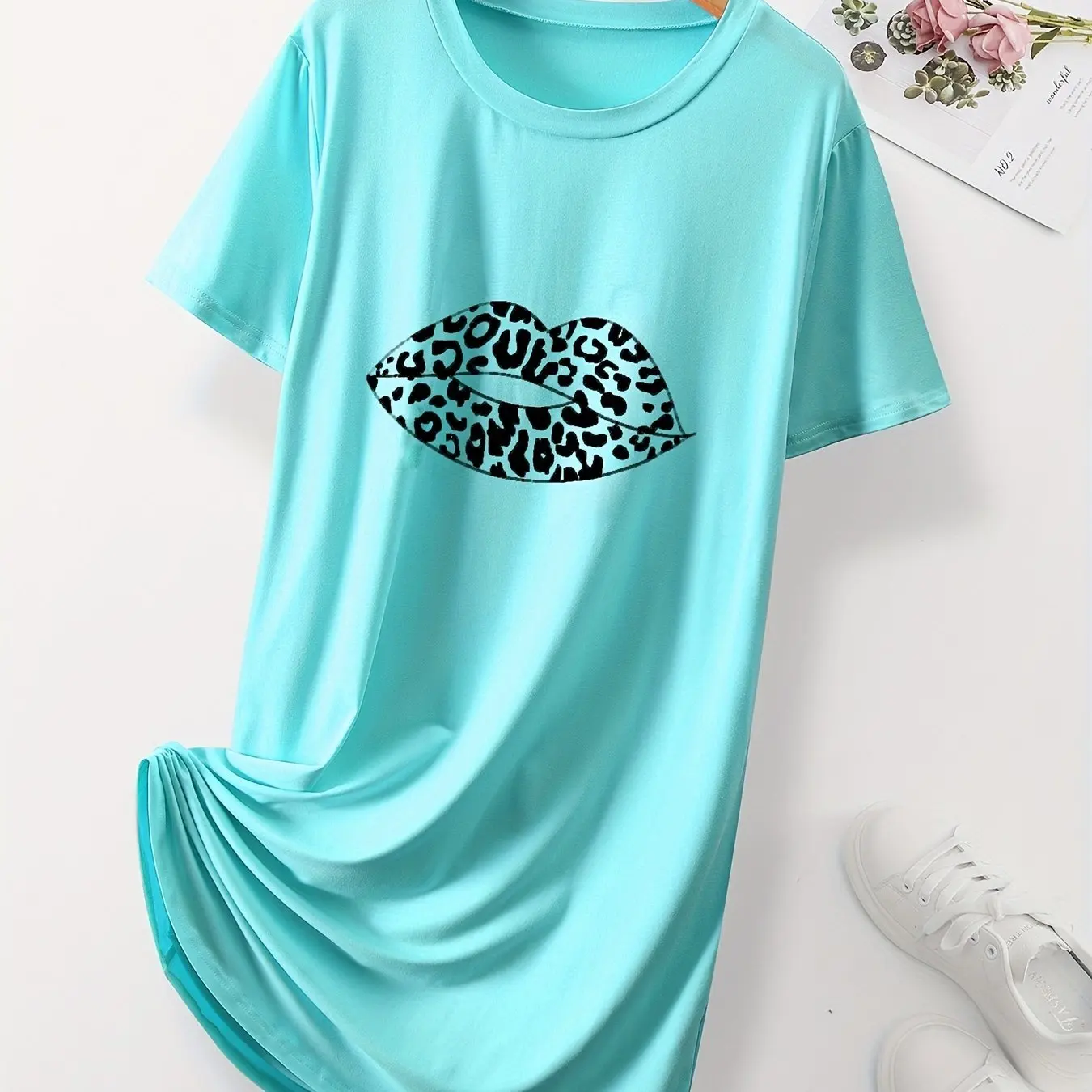Sexy Lips Print Women\'s Home Nightgown Plus Size High Stretch Dress Loose Halter Street Sexy Dresses
