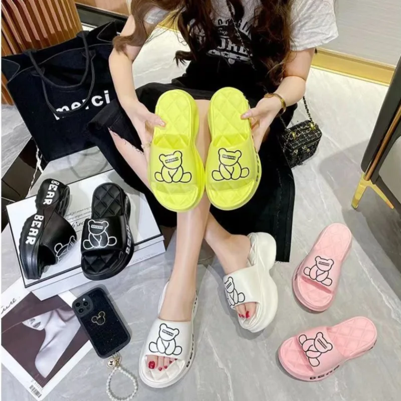 Women Wedge Slippers Summer Fashion Female Cute Bear Bathroom Non Slip Soft Thick Bottom Beach Indoor Home Slippers for Women