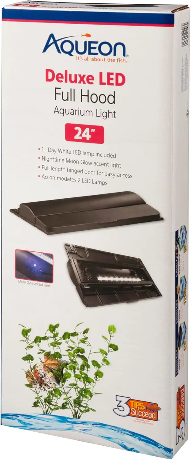 

24-Inch Black LED Aquarium Hood with Customizable Lighting and Feeding Door