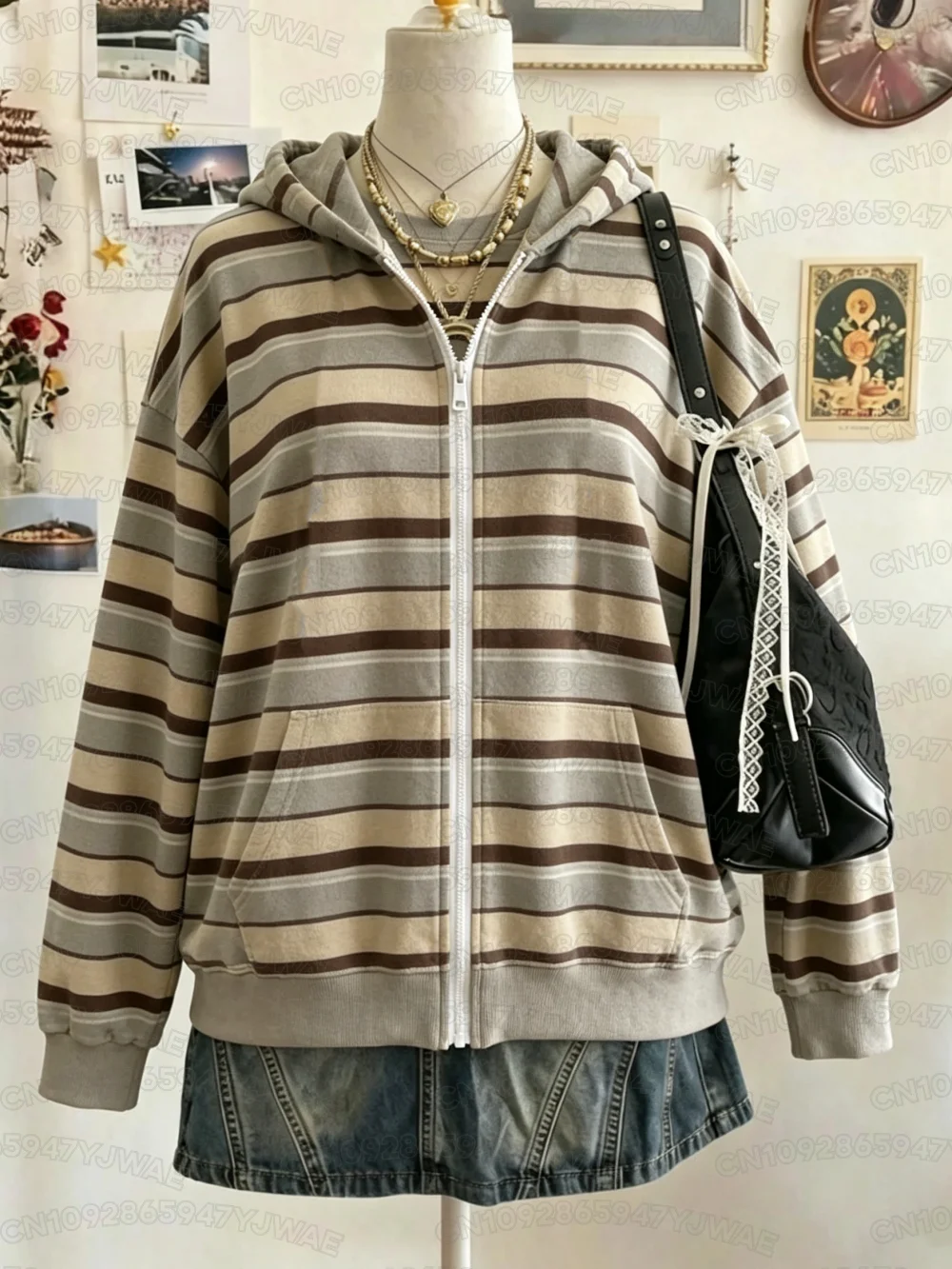 Herbst- und Winterjacke für Damen und Herren, Reißverschluss-Hoodie, Niedlicher Y2K-Streifendruck, Kapuzenpullover, Mantel – Detail 4
