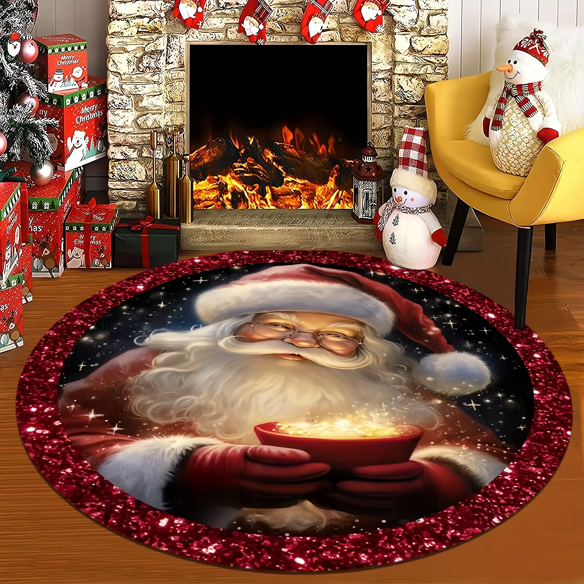 1 Stück runder Teppich mit Weihnachtsmann-Muster, rutschfeste Bodenmatte für Wohnzimmer, Schlafzimmer, Badezimmer, Ferienhaus-Dekoration