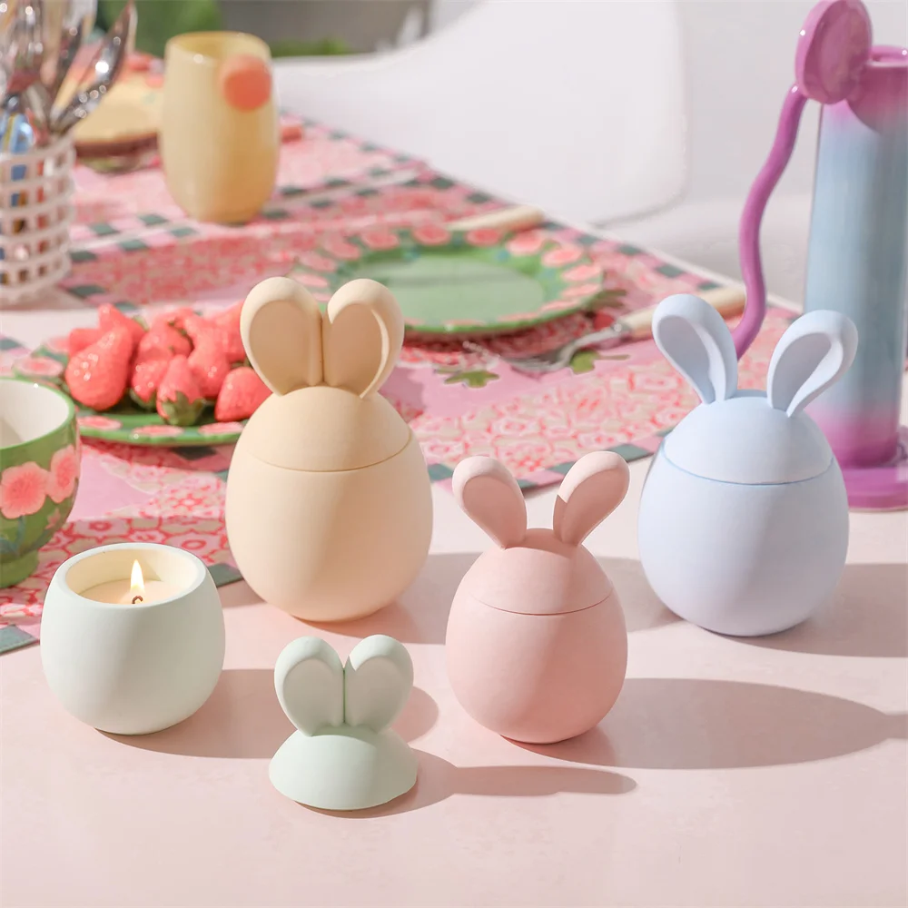 

Hoppy Bunny - Eared Easter Egg Candle Jar Silicone Molds for Cement Handmade Storage Box Molds for Concrete Easter Home Decor