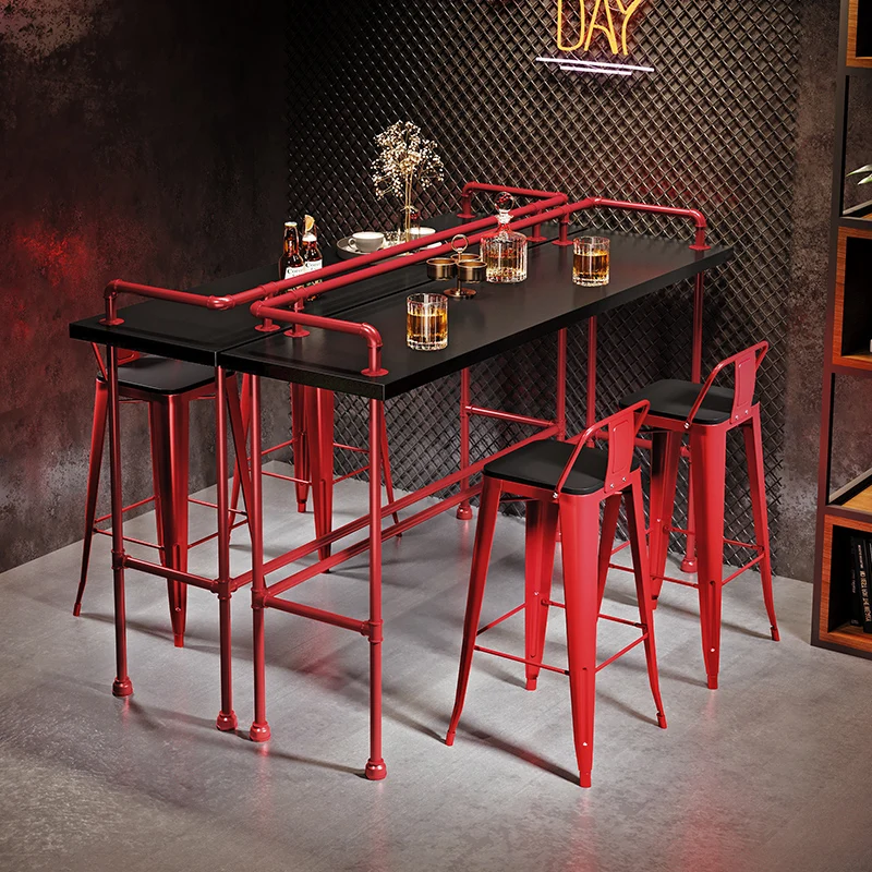 ！@Industrial Style Solid Wood Long Table and Iron Art High Bar Stools Set Water Pipe Design for Home Use & Milk Tea Shops