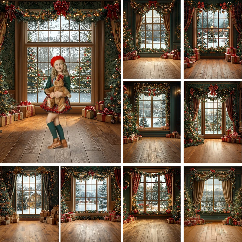 

LS Photography Background Winter Indoor Christmas Window Xmas Tree Decor Children Adult Portrait Photo Backdrop Studio