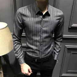 Korean Slim Youth Striped Shirt Tops Men's Spring Autumn New Long Sleeve Polo Neck Casual Blouse Vintage Trend Men Clothing