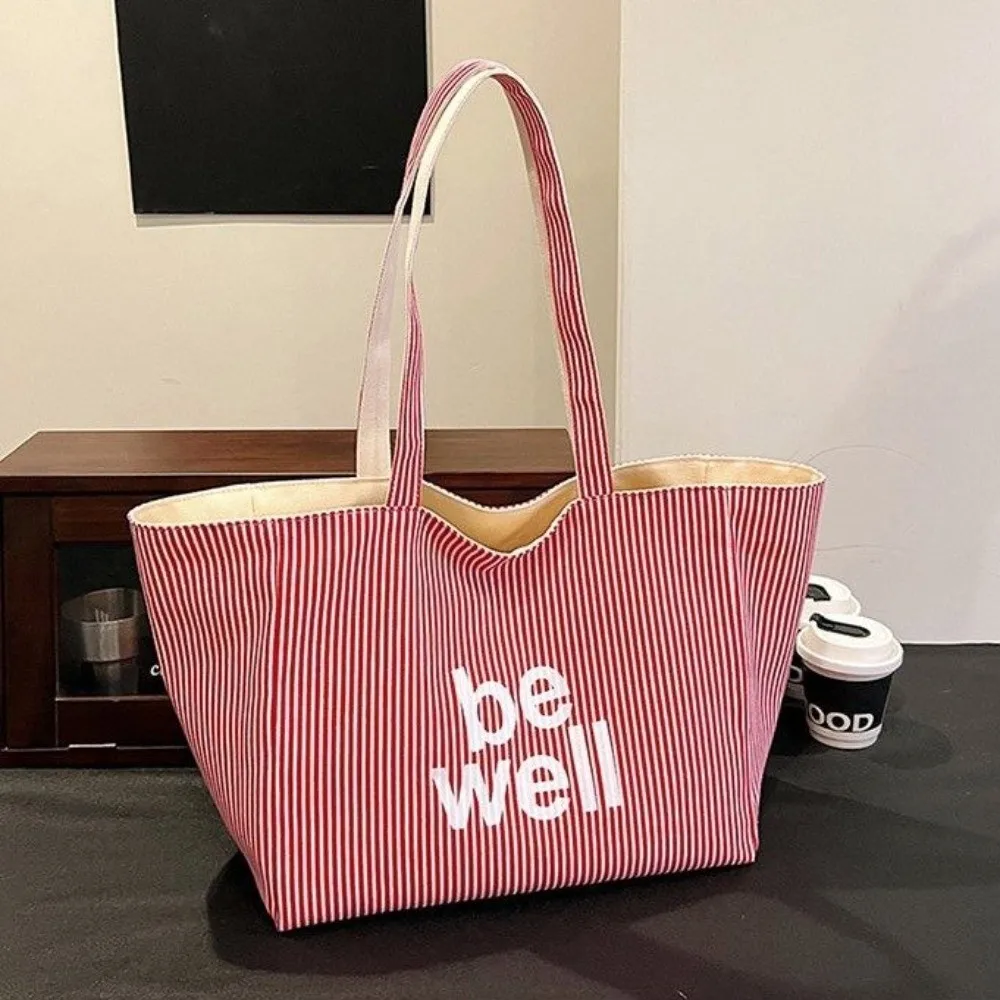 

Large Stripe Women's Shoulder Bag Two-sided Design Canvas Material High Capacity Handbag High Capacity Korean Style