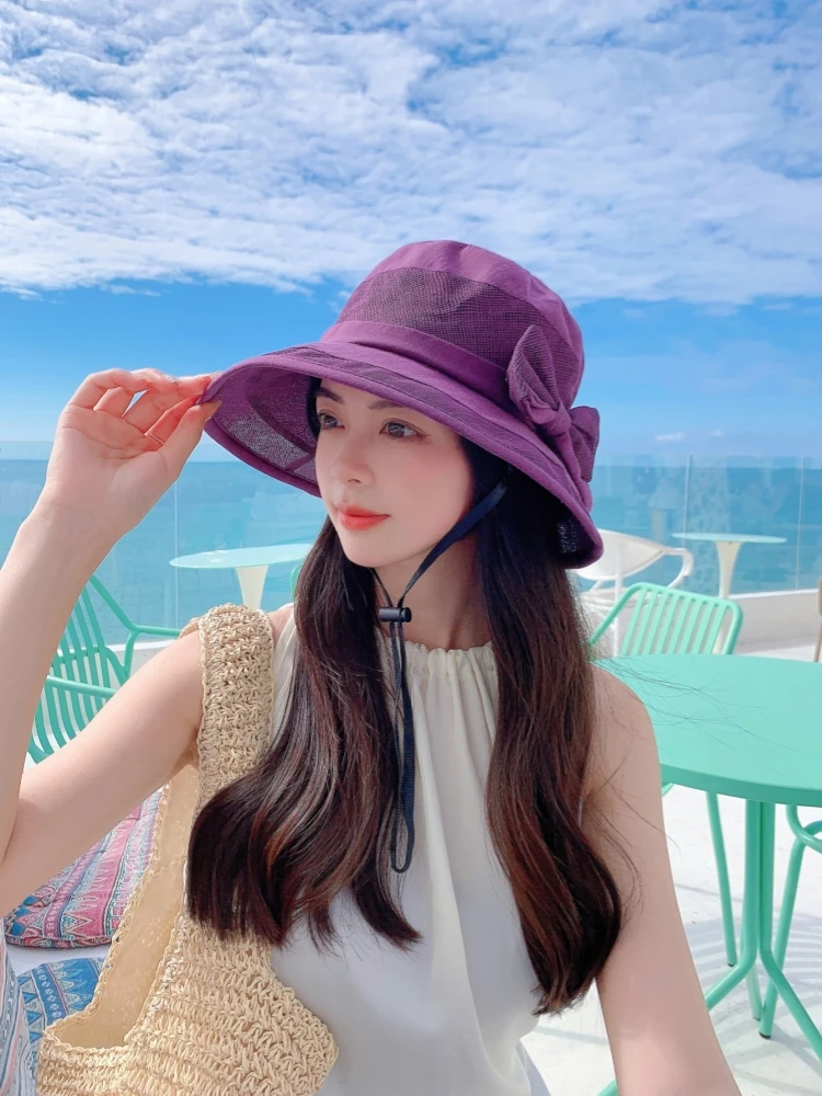 A fisherman hat, summer thin sunscreen hat, fashion tie-in bow hat, gauze short-brimmed ventilation hat, fashionable elegant sty