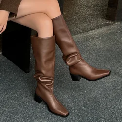 Women's genuine leather 5.5cm thick med heel slip-on pleated knee high boots square toe elegant ladies slim long boots shoes hot