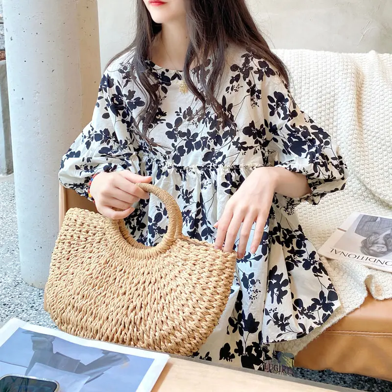 Korean Floral O-neck Blouse Summer New Short Sleeve Print Loose All-match Youth Fashion Shirt Tops Vintage Sweet Women Clothing