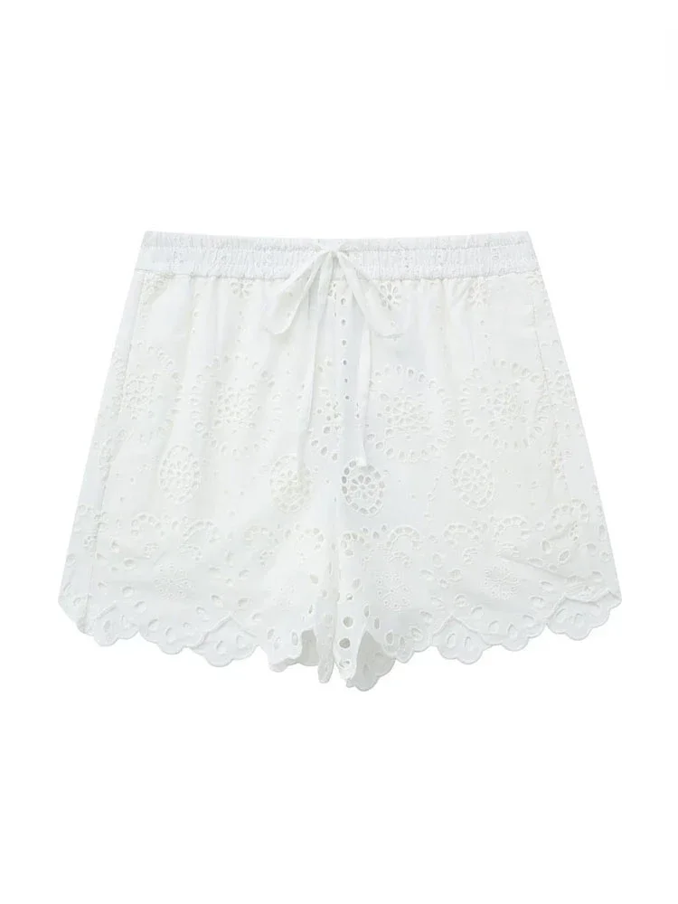 TRAF Women Fashion Cutwork Embroidery Shorts Summer Vintage High Elastic Waist with Drawstrings Female Casual Short Pants Mujer