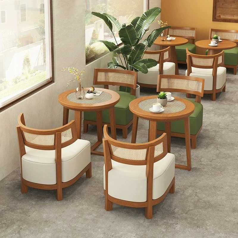 

Nordic style solid wood table and chair combination milk tea dessert shop cafe leisure negotiation room table and chair designer