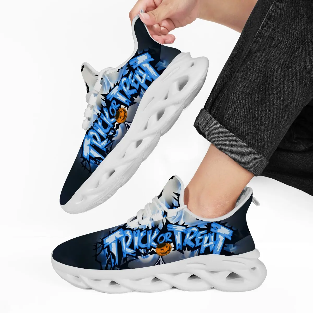 

Parent-child Style Flat-bottomed Fly-woven Round-toe Lace-up Soft Sole Evil Letter Pumpkin Pattern Halloween Casual Shoes