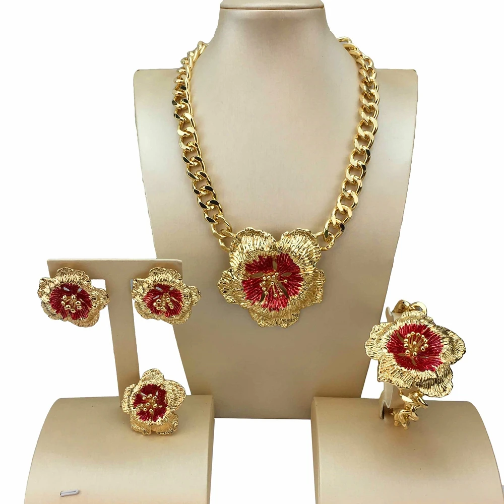 Hot Sale Dubai Gold Plated Jewelry Set Flower Style Big Chain Necklace for Women Mama Gifts FHK16271