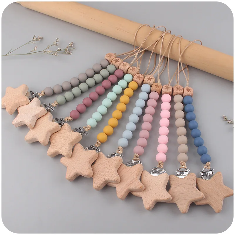 

ABCPICK DIY Making Handmade Food Grade Silicone Beads Pacifier Chain Jewelry Pentagram Beech Wood Clip Eco-Friendly Safe Toys