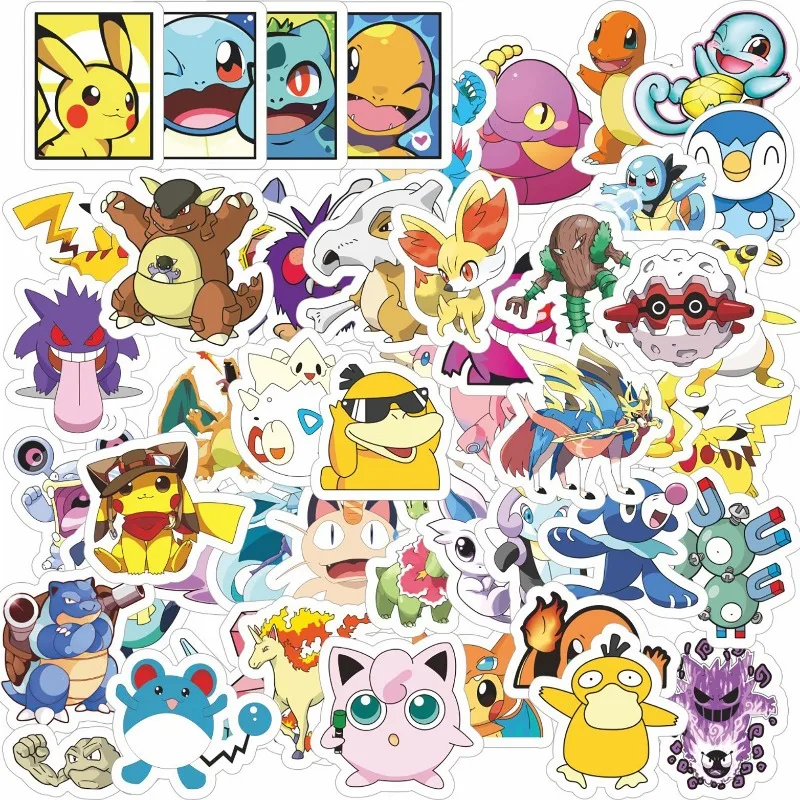 Pokémon Kawaii Anime Adesivos para Crianças, Decalque para Laptop Bonito, Pacote de Adesivos Estéticos, Brinquedos Clássicos para Crianças, Telefone Deco, 50 Pcs, 100Pcs