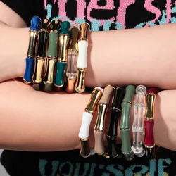 High Quality Acrylic Bamboo Curved Tube Elastic Bracelets for Women Men New Resin Chunky Elbow Beads Stack Bangle Couple Jewelry