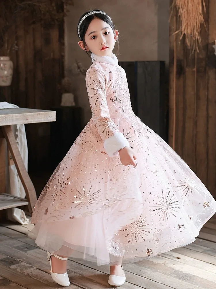 Classic Girls Thickened Dresses Evening Dinner Stand Collar Elegant Gowns Formal Party Children Host Slim Fit Luxury Costumes