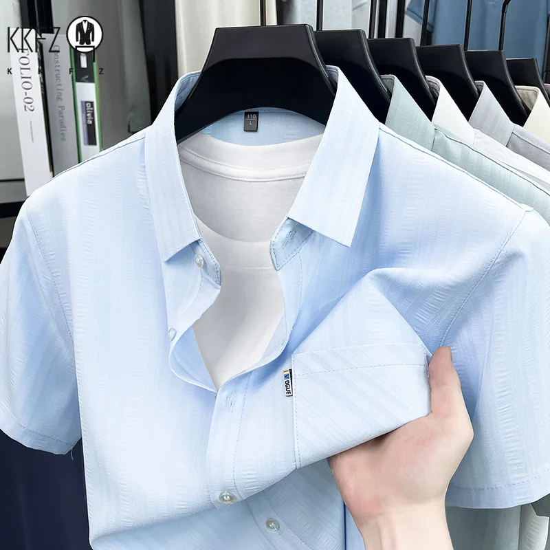 

Mens Short Sleeve Shirt Business Wear Button Up Lapel Collar With Pocket Comfortable Lightweight Fabric For All Seasons