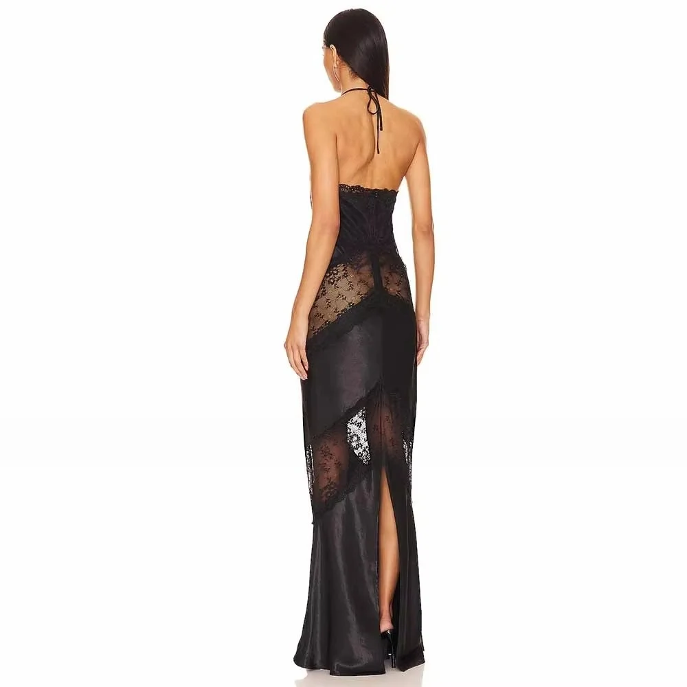Amanda Customizd Spaghetti Strap Halter Neck Sheer Lace Satin Maxi dress Mermaid dress Backless Floor‑length Glamorous Prom gown