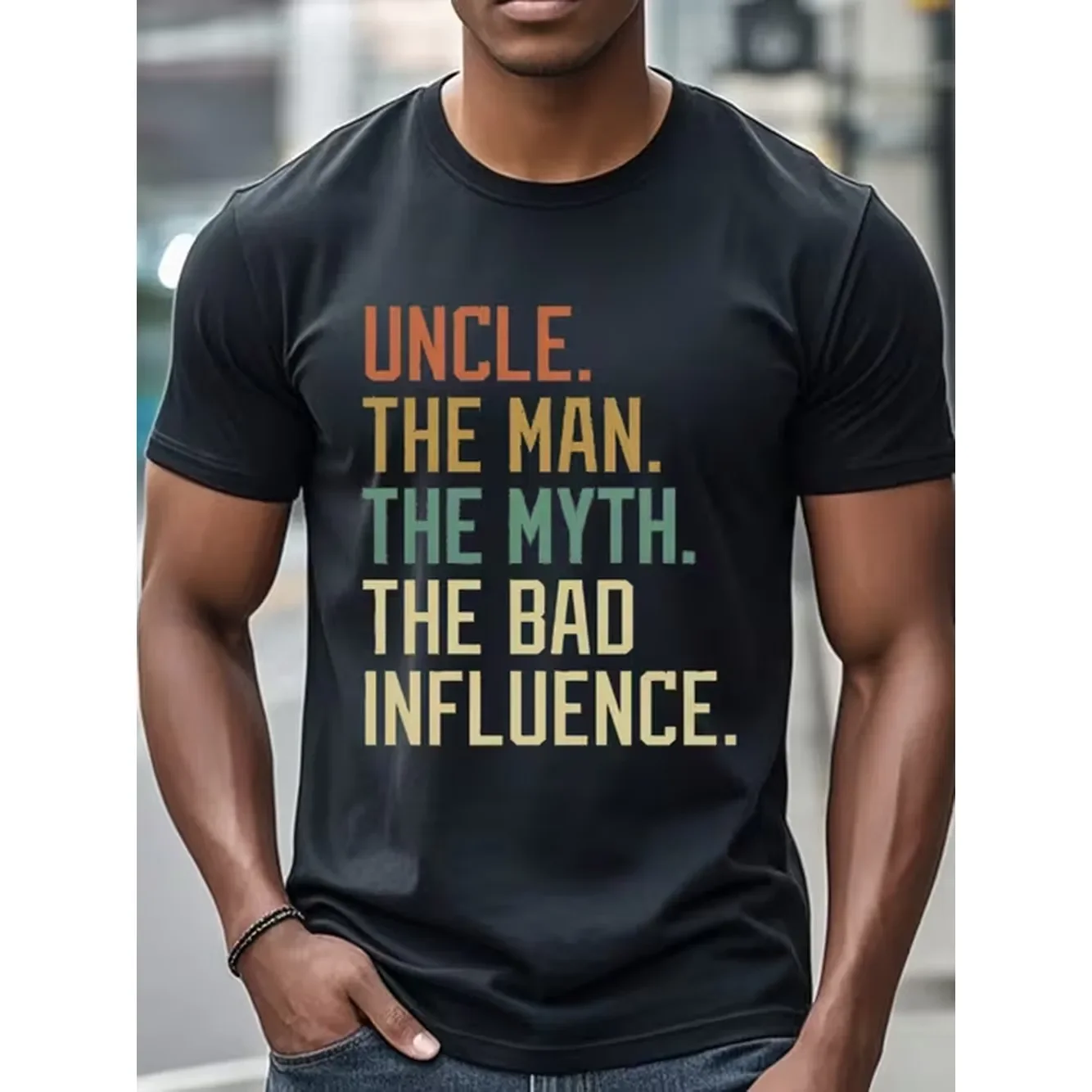 Camiseta casual con cuello redondo Uncle, Man, Myth, Negative Influence, Camiseta negra, Camiseta para hombre, Camiseta divertida, 100% suave, Camiseta casual para fitness, running y fin de semana Uncle
