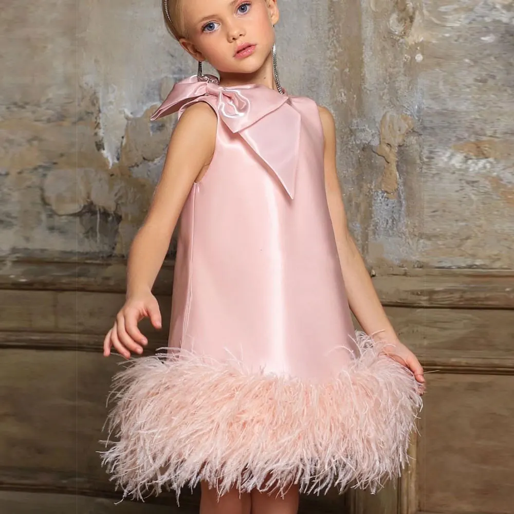 Jill Wish Luxury Mini Arabic Pink Flower Girl Dress piume di struzzo Bow Baby Kids Birthday Wedding Party Gown Pageant J117