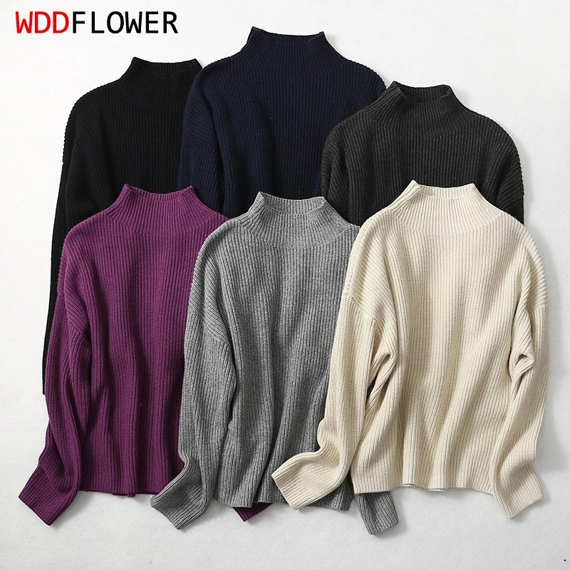 Women 85% Silk 15% Cashmere Thin Type Warm Mock Neck Everyday Long Sleeve Solid Color Pullover Sweater Top Shirt LY026