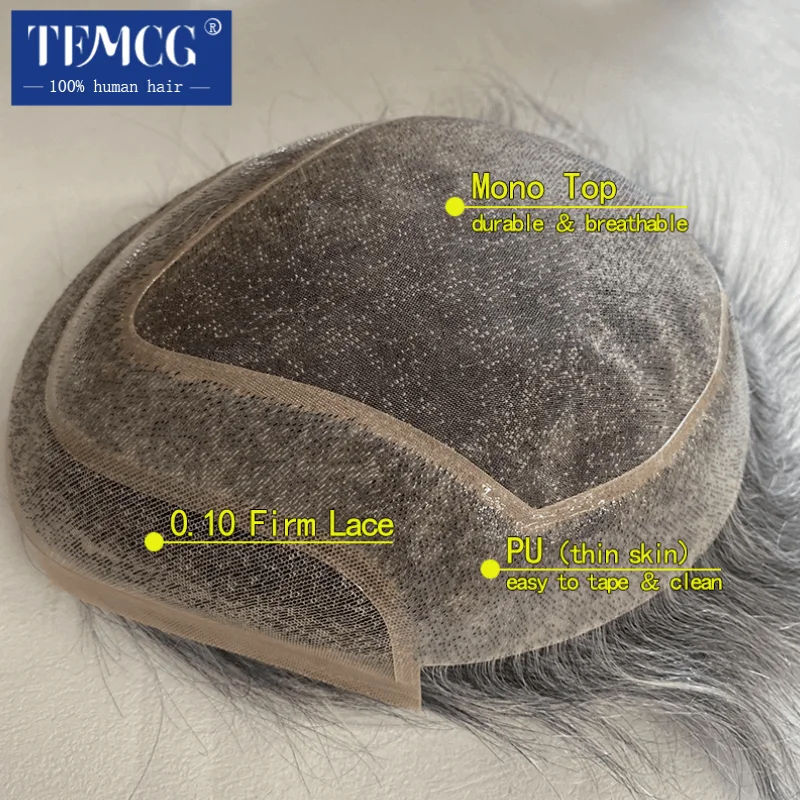 1B80 Grey Men Toupee 100% Human Hair Wigs For Men Mono Top With Lace Front  Men's Capillary Prosthesis Durable Men's Toupee