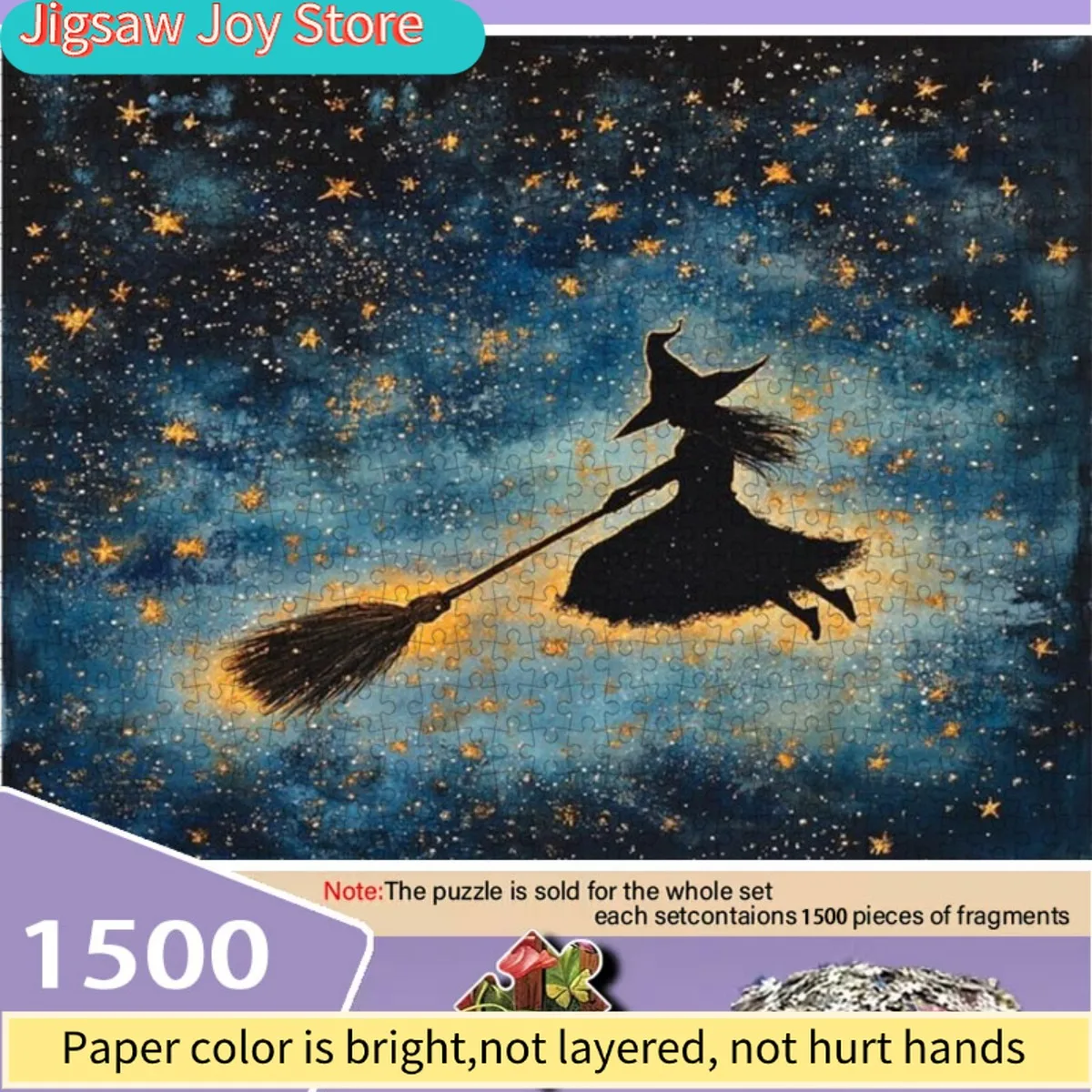 

Пазл для взрослых - Глубокий синий цвет и золотая ведьма, верхом на метле, на фоне звездного неба | Подарок на Рождество/День рождения, декор для дома, интерьёр